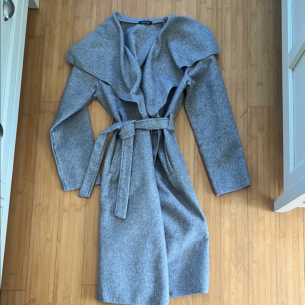 Boohoo Heather Gray Wrap Tie Front Trench Coat